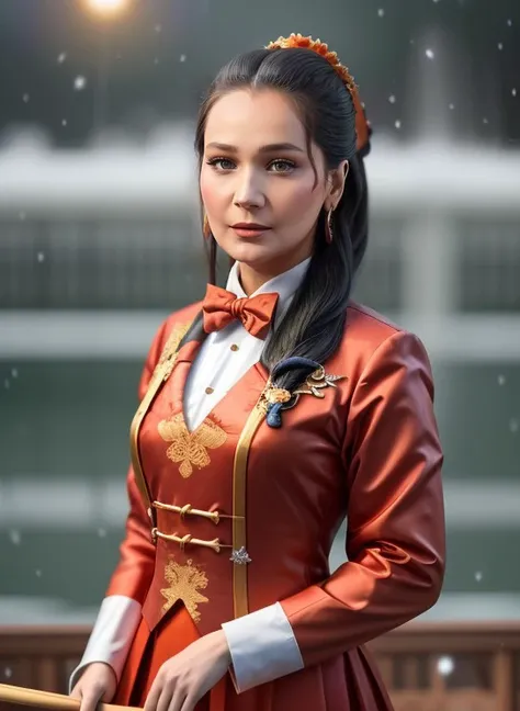 photo of a Ghostly Delightful Yuan Dynasty (gulsim_ali:1.3) , Rowing, her hair is Multicolor, Overwrought orange Bowtie, background is 1800's Las Vegas, lush water with Bamboo shoot, Snowing, soft focus, Demoscene, Lens Flare, Intentional Camera Movement, Kodak Portra 160, Circular polarizer, Primary Colors, artstation, <lora:gulsim_ali-000008:0.81>