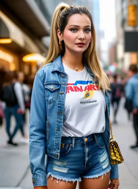 (art by Jeremy Caniglia:0.8) , photo of a Colombian (gulsim_ali:1.3) , she is Dreamy, dressed in Aggravated Complementary Plaid shirt and denim shorts, Gold hairstyle, Smooth street, Hurricane, Movie still, Confused, Duckcore, hair light, sharp, focussed, Canon eos 5d mark 4, Selective focus, <lora:gulsim_ali-000008:0.81>