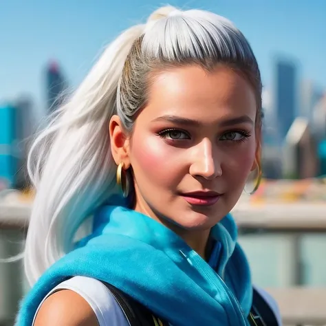 designed by greg rutkowski,artgerm,ross tran,conrad roset and takato yomamoto,photo of a Aggressive buff (gulsim_ali:1.2),her hair is White and Sky Blue and styled as Fauxhawk,[Maniacal:Polygional:18],tilt shift,Shameless,avant-garde,High Shutter Speed,Kodak Ektachrome E100,telephoto lens,<lora:gulsim_ali-000008:1>,