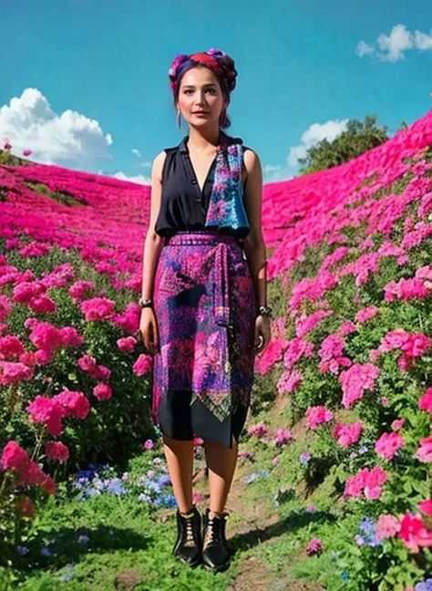 (designed by Ross Tran:0.7) , photo of a dense lava pit and flower field, best quality, (electric indigo theme:0.7) , Maori (gulsim_ali:1.3) , she is 1900'S, Pink hairstyle, she has a Soviet Bandanna and Anklet, from inside a Bruges, Sketched, Satisfying, Analytical Art, Direct light, film grain, Canon RF, Fish-eye Lens, <lora:gulsim_ali-000008:1>