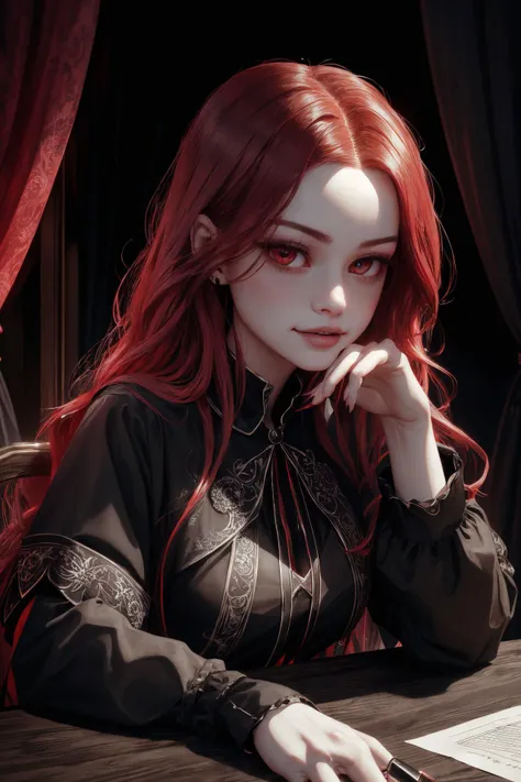 ASCIImadpetsch,
 portrait, looking at viewer, solo, upper body, detailed background, close up, glowing eyes, (<lora:vampirictech:0.6>, vamptech  theme:1.1), fortune teller, charlatan, smirk, foreboding, sitting at table, colorful   gypsy fortune teller clothes,      chalice,   crystal ball, (melted candles on table:0.8), medieval (tent interior:1.1) background, tent curtains in background, dark mysterious lighting, shadows, magical atmosphere,  night,