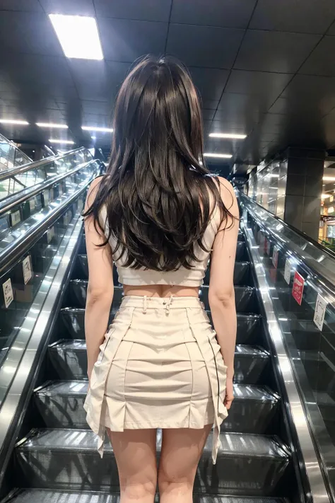 <lora:Escalatorview_v2:0.6>, (Escalatorview:1.5), ulzzang-6500-v1.1, pureerosface_v1, best quality, masterpiece, illustration, (realistic, photo-realistic:1.37), amazing, finely detail, incredibly absurdres, huge filesize, ultra-detailed, highres, extremely detailed CG unity 8k wallpaper, ray tracing, 1girl, korean young girl, large breasts, brown hair, pink nipples, pussy juice, pov crotch, full body, facing away, The seductive Korean young girl with a bob cut hairstyle wears a white button-up blouse that clings to her body, revealing a tantalizing hint of skin when she sweats. The sheer fabric accentuates her alluring figure, leaving little to the imagination. She pairs it with a mini pleated school skirt, showcasing her toned and shapely legs that beg to be touched. A small backpack hangs seductively off her shoulder, adding an element of casual charm. In her hand, she holds a smartphone, effortlessly blending modern technology with her captivating beauty. With one hand gripping the escalator railing, she confidently ascends, knowing she has the attention of everyone around her.