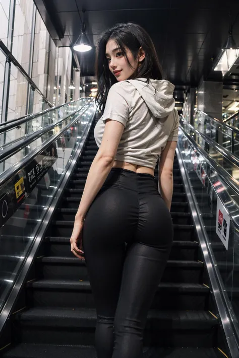 (dark scene, soft lighting, high saturated):1.4, vivid illumination, enchanting elegance, atmospheric depth, masterful technique, naturalistic representations, harmonious composition, creative refinement, striking juxtapositions,
1girl, ((smile)), Escalatorview, ((Leggings)) , hoodie, pantyshot, from below, from behind, white panty, ((perfect round ass)), ((thicc))