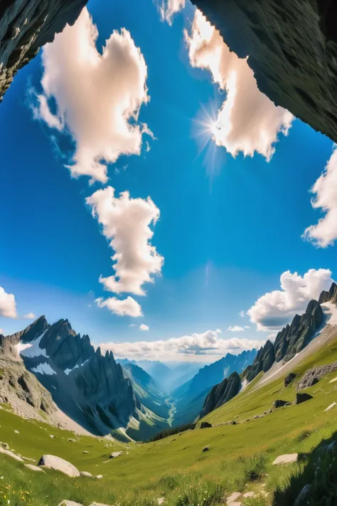 photograph, cinematic still, noon, blue sky, clouds, scenery, vast Erokawa Alpine meadow in a Dwarf Mountain<lora:EnvyColorSliderXL01:1><lora:EnvyAbstractXL01:.6>