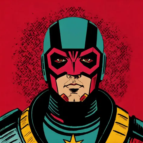 Judge Dredd, 2099, flat color, animated, crazy, pop art, memecore, parody, stark contrast, screenprint,