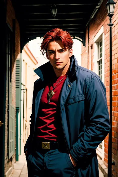 extremely realistic photographic portrait of Remy Lebeau nonbinary transmasculine cajun Gambit from the X-men in his 30s standing outside in New Orleans 128k AGFA portrait extremely detailed photorealistic photographic portrait Kodak rim lighting