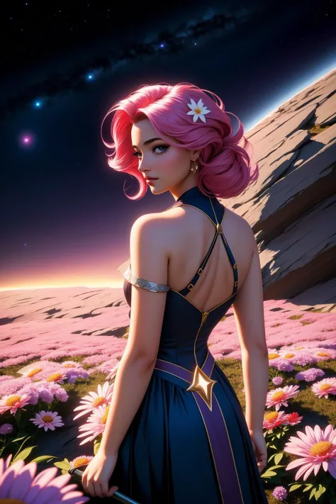 1girl, pleasant VRay, stylized, over the shoulder shot of a Mature Arcane ("Exploratory Romp":1.3) , warm background, dense flowers and Asteroid in background, at Dawn, soft focus, [ (vibrant art by Jasmine Becket-Griffith:0.7) , (Thomas Edwin Mostyn:1.3) ::8], Light, Glowwave, hair light, Depth of field 270mm, Polychromatic, icon style, symbolism, highly detailed, photolab, womanly, photorealism