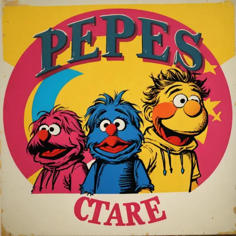 Bert and Ernie, Sesame Street, flat color, animated, crazy, pop art, memecore, parody, stark contrast, screenprint,