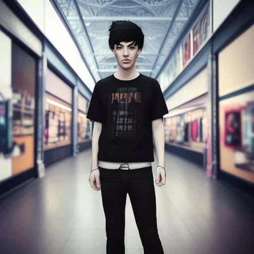 Realistic photographic portrait Akihito Kawamera half asian male wearing 90s punk clothing, standing in a goth store in a large mall , Octane Render, Volumetric Lighting, 64k concept art,Octane render, DLSS, Ray Tracing, Trending on Art Station, WLOP, 128k AGFA portrait, extremely detailed photorealistic photographic portrait Kodak rim lighting - duskypie