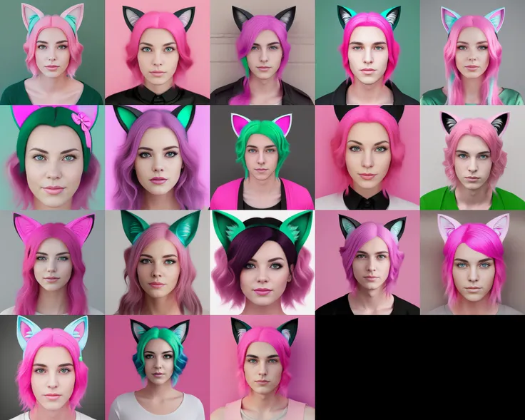 pink haired woman with cat ears and green eyes