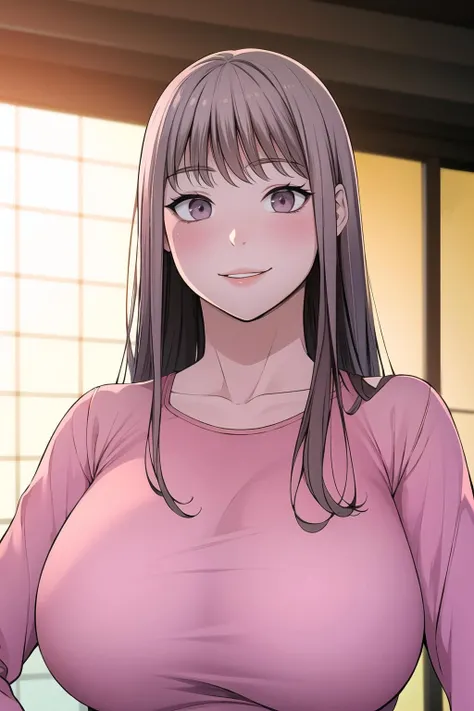 solo, upper body, looking at viewer, pink blouse, smile, large breasts, bra, <lora:Si-Won:0.8>, si-won