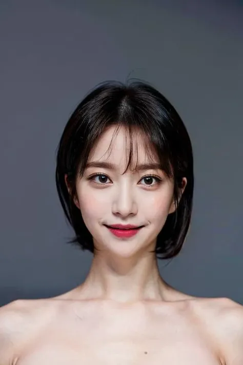 (masterpiece, top quality, best quality, (close-up photograph: 2), ((1girl)), fair skin, (((closed lips))), (extremely detailed face), looking straight, ultra-detailed eyes and pupils, ((bare pectorals)), ((bare chest)), bare head, nude dress, (((bare shoulders))), symmetrical frame, ((strapless)), (((smile))), ((symmetrical pose)), looking at viewer, (((looking at viewer))), ((symmetrical face: 1.6)), 35mm, simple grey background, ((studio lighting)), no watermark, ((short black hair)), bangs, <lora:hanilorashy:1>