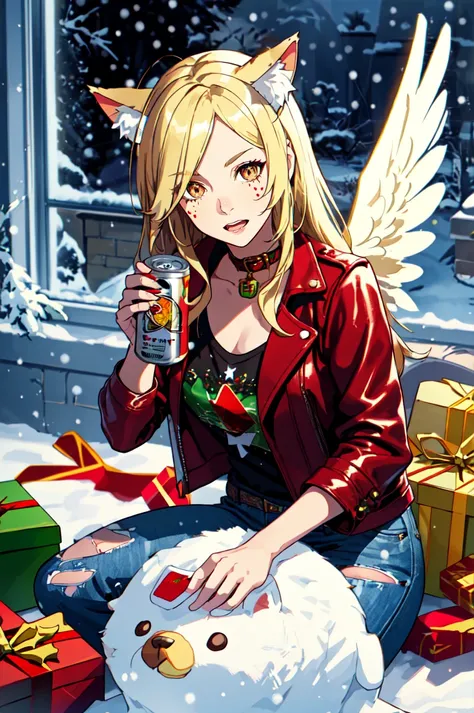 1girl, solo, brown eyes, blonde hair, detailed hair, detailed face, detailed eyes, official art, BadBoyVibes-GenderFree PringlesCanMAybe XmasTheme OsenayanFace