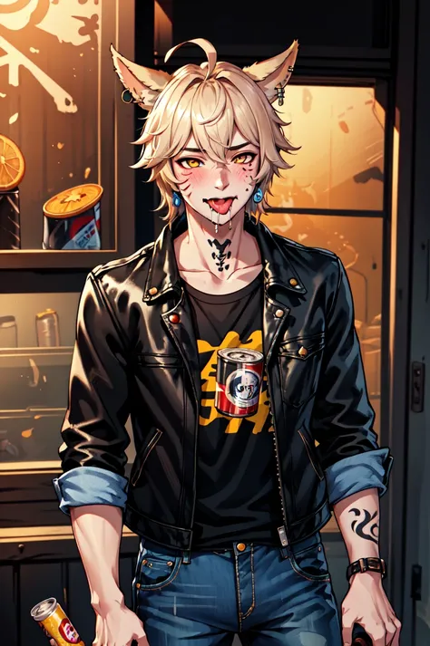 1boy, male focus, solo, Simple-Miqote Ahoge-HornballFace BadBoyVibes-GenderFree PringlesCanMAybe