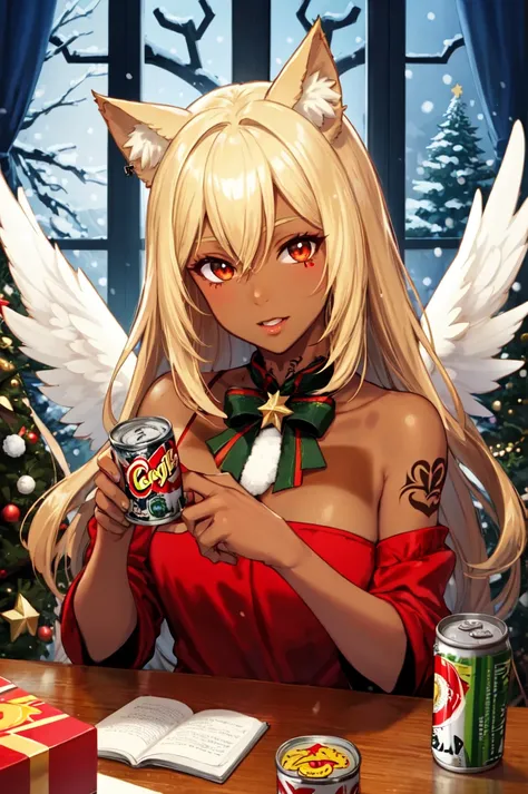 1girl, solo, brown eyes, blonde hair, detailed hair, detailed face, detailed eyes, official art, NagiDark PringlesCanMAybe XmasTheme