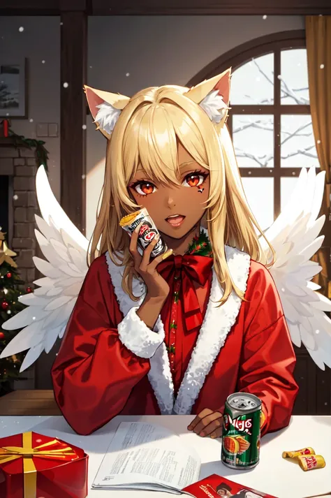 1girl, solo, brown eyes, blonde hair, detailed hair, detailed face, detailed eyes, official art, NagiDark PringlesCanMAybe XmasTheme