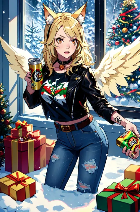 1girl, solo, brown eyes, blonde hair, detailed hair, detailed face, detailed eyes, official art, BadBoyVibes-GenderFree PringlesCanMAybe XmasTheme OsenayanFace