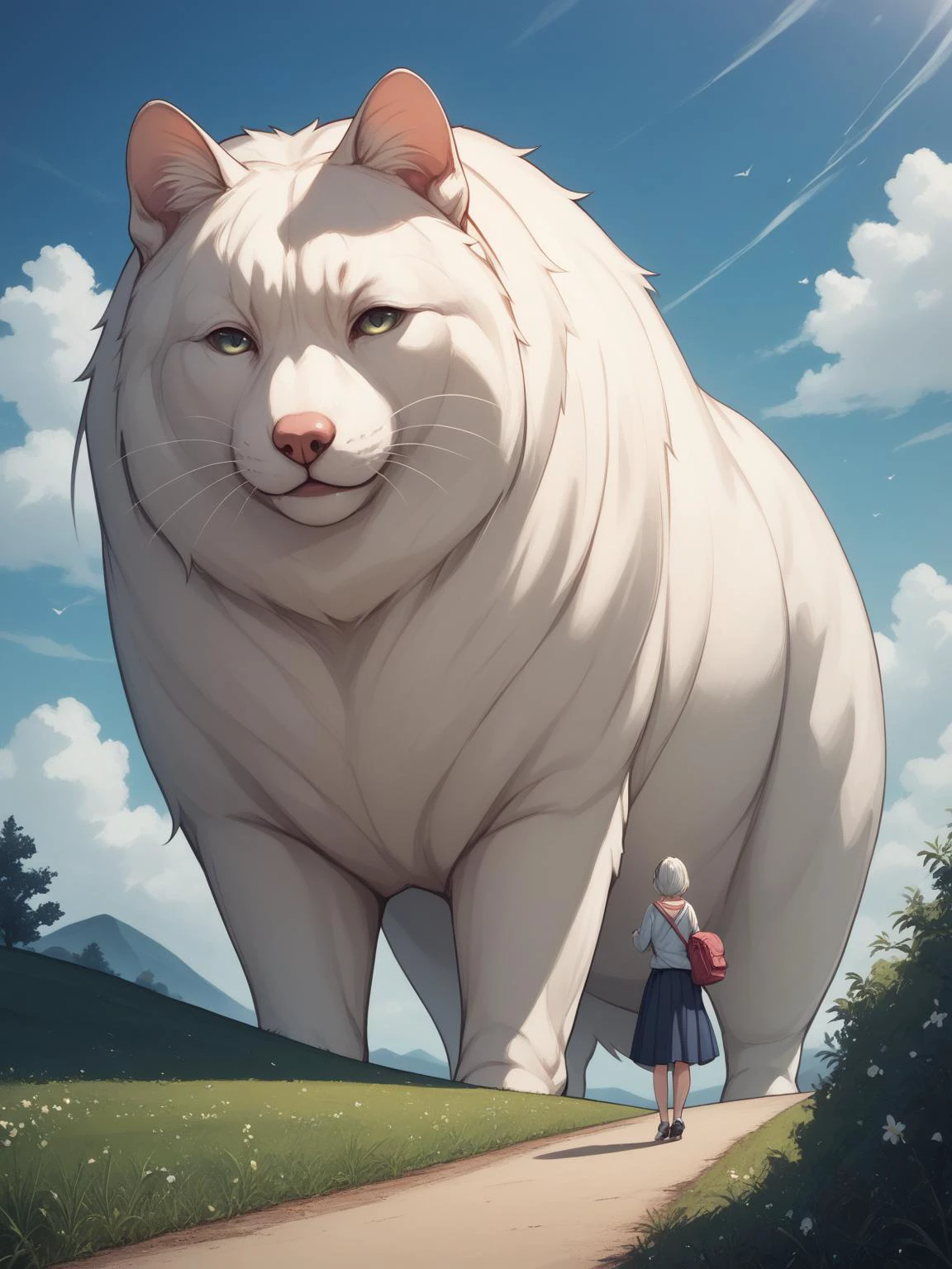 score_9, score_8_up, score_7_up, score_6_up, BREAK
CONCEPT_Oversized_Animal_ownwaifu,
oversized animal,
1girl, outdoors, cloud, standing, sky, from behind, day,
<lora:PONYXL_CONCEPT_Oversized_Animal_ownwaifu:1> , depth of field
,