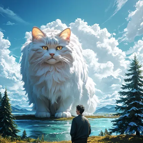 score_9, score_8_up, score_7_up, score_6_up, oversized animal, huge fuzzy cat with yellow eyes in the distance , 1man, solo, outdoors, cloud, standing, sky, from behind, day, tall pine trees, lake, clouds, depth of field