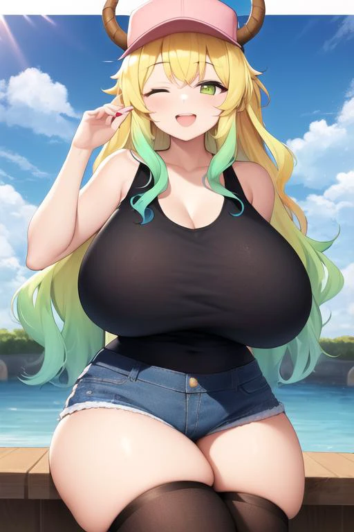 masterpiece, 1girl, mature female, best quality, (cleavage:0.2), (gigantic breasts:1.0), big eyes, (curvy:0.8), caustics, (sunbeam:0.8), blonde hair, gradient hair, heterochromia, yellow eye, green eye, black tank top, denim shorts, (pink:1.2) hat, black thighhighs, horns, open mouth smile, one eye closed, lucoa, <lora:lucoaKobayashiSanChiNo_lucoa:0.7>