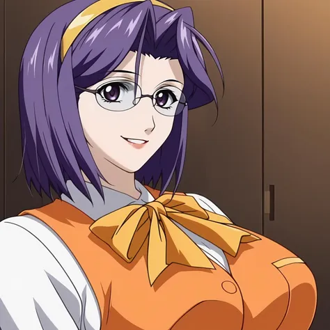 <lora:ChisaSakuraiXLpony001>,smile,
solo,
ChisaSakurai,1girl,purple hair,hair band,medium hair,purple eyes,eyewear,large breasts,
white shirt,long_sleeves,yellow ribbon tie,orange vest,
orange pen silkart,