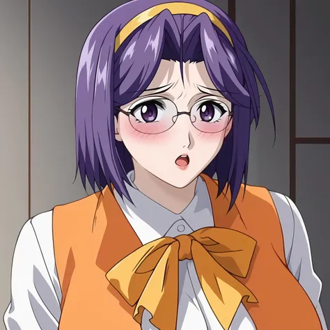 <lora:ChisaSakuraiXLpony001>,
solo,
ChisaSakurai,1girl,purple hair,hair band,medium hair,purple eyes,eyewear,large breasts,
white shirt,long_sleeves,yellow ribbon tie,orange vest,
orange pen silkart,blush,open mouth,