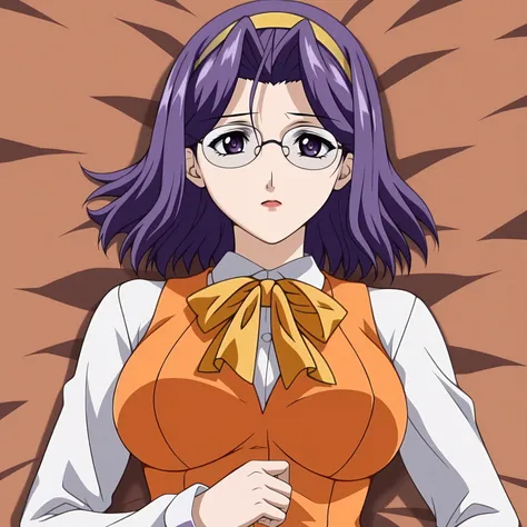 <lora:ChisaSakuraiXLpony001>,
solo,
ChisaSakurai,1girl,purple hair,hair band,medium hair,purple eyes,eyewear,large breasts,
white shirt,long_sleeves,yellow ribbon tie,orange vest,
orange pen silkart,
brown pantyhose,
on back,lying,