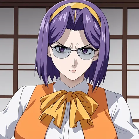 <lora:ChisaSakuraiXLpony001>,
solo,
ChisaSakurai,1girl,purple hair,hair band,medium hair,purple eyes,eyewear,large breasts,
white shirt,long_sleeves,yellow ribbon tie,orange vest,
orange pen silkart,disgust,shaded_face,