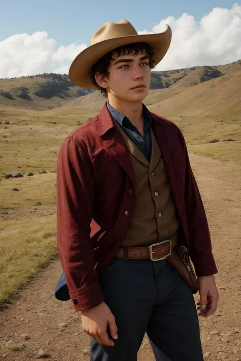 epiCPhoto, A photograph, a 19yo dg_James boy, <lora:dg_James_v1:0.8>, cowboy, hat, 1860s, western, outdoors, photorealistic, hyperdetailed,