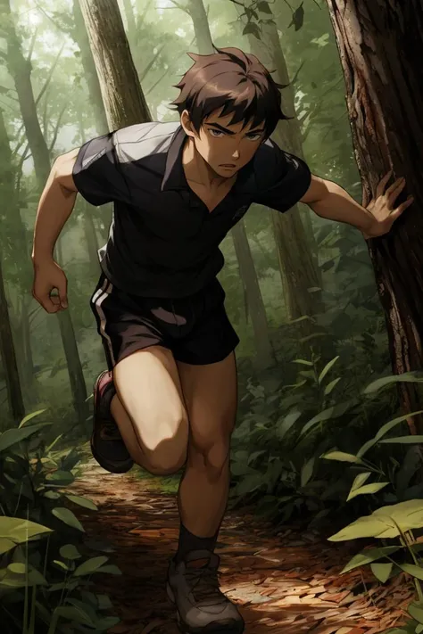 Anime, close-up, a 19yo dg_James boy, <lora:dg_James_v1:0.8>, running through the woods, terrified, horror, hyperdetailed,