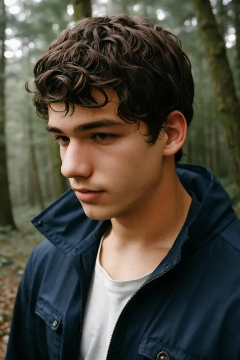 gritty analog photograph of, a 19yo male, close-up, walking through woods, early morning, mist, sharp focus, (close-up:0.7), dynamic angle, a 19yo dg_James boy, <lora:dg_James_v1:0.8>,  hyperdetailed,