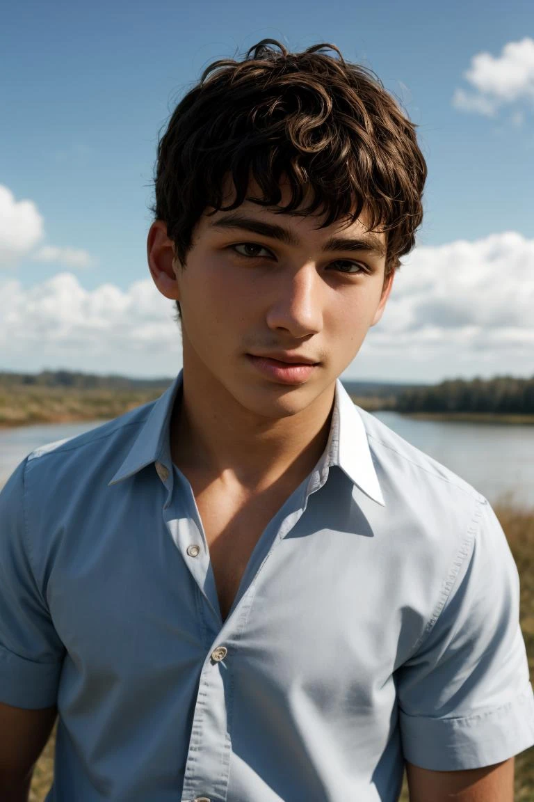 photograph of, a handsome 19yo male, (in clouds), natural light, sharp focus, vivid colours, skin texture, unbuttoned shirt, a 19yo dg_James boy, <lora:dg_James_v1:0.8>, hyperdetailed,