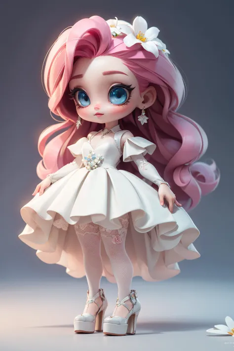 masterpiece, best quality, 8k, cinematic light, ultra high res, 1girl, child, chibi, pink hair, blue eyes, long hair, wedding_dress, high heels, white pantyhose, flower, earrings, jewelry, standing, <lora:chibi_05:1:TEST>