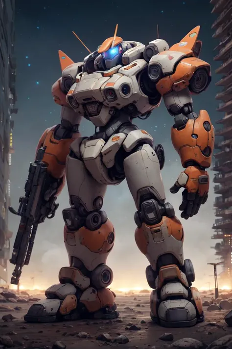 masterpiece, best quality, 8k, cinematic light, ultra high res, chibi, full body, <lora:chibi-v1:1>, On the moon,barren planets, ruins, holding_weapon, no_humans, glowing, robot, building, glowing_eyes,orange mecha, science_fiction, city, realistic,mecha,Milky Way Galaxy background,full body,neon,cyberpunk,