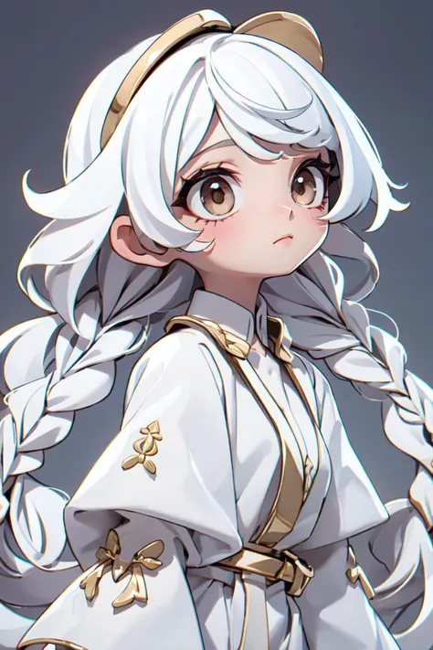 masterpiece, best quality, 8k, cinematic light, ultra high res, chibi, full body, <lora:chibi-v1:1>,1girl,white hair, gold eyes,white clothes, looking up, upper body,hair strand,Fair skin,side braids