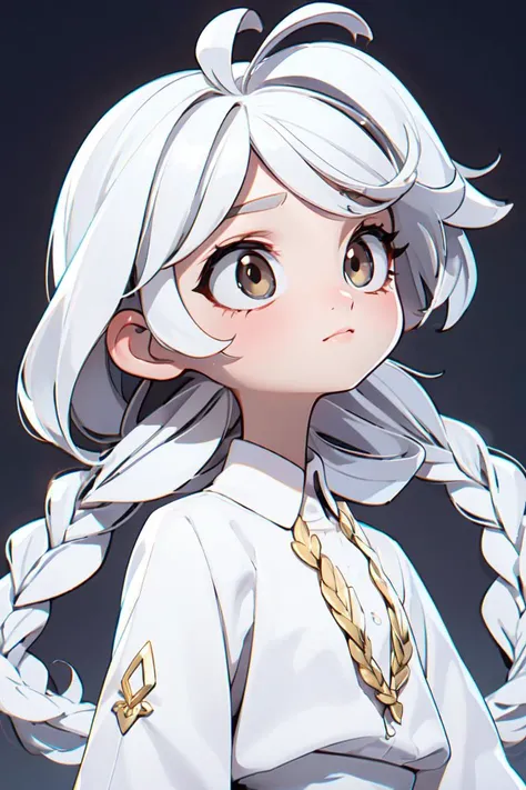 masterpiece, best quality, 8k, cinematic light, ultra high res, chibi, full body, <lora:chibi-v1:1>,1girl,white hair, gold eyes,white clothes, looking up, upper body,hair strand,Fair skin,side braids