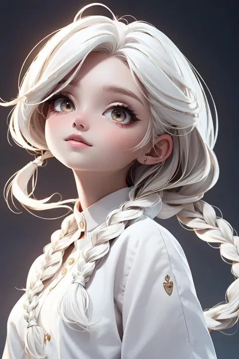 masterpiece, best quality, 8k, cinematic light, ultra high res, chibi, full body, <lora:chibi-v1:1>,1girl, white hair, gold eyes,white clothes, looking up, upper body,hair strand,Fair skin,side braids