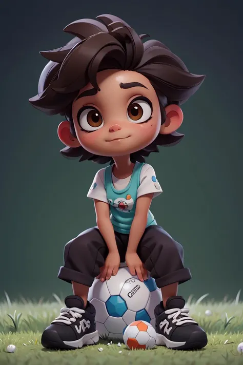 masterpiece, best quality, 8k, cinematic light, ultra high res, chibi, full body, <lora:chibi-v1:1>,realistic portrait of cute African American baby ((dark brown skin color)), big eyes, sitting playing with a ball, ((chibi)), ((ball)), ((grass)), wearing tank top, black pants and black shoes, current fashion, kanekalon style hair, dark lighting background, close-up, product view, detailed facial details, perfect face, sharpness, trend art, sharp facial details, cgsociety, ultra high quality digital art, hyper details exquisite, 4k, 8k neon lighting