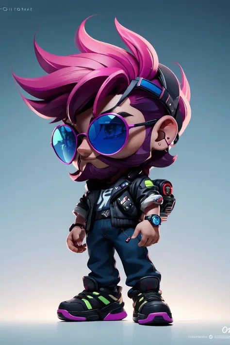 masterpiece, best quality, 8k, cinematic light, ultra high res, chibi, full body, <lora:chibi-v1:1>, a man with a beard and sunglasses, cyberpunk art, funk art, stunning gradient colors, stylized portrait h 704, pompadour, twitch streamer, cold colors. insanely detailed, t-800, no watermark signature, in rich color, outrun