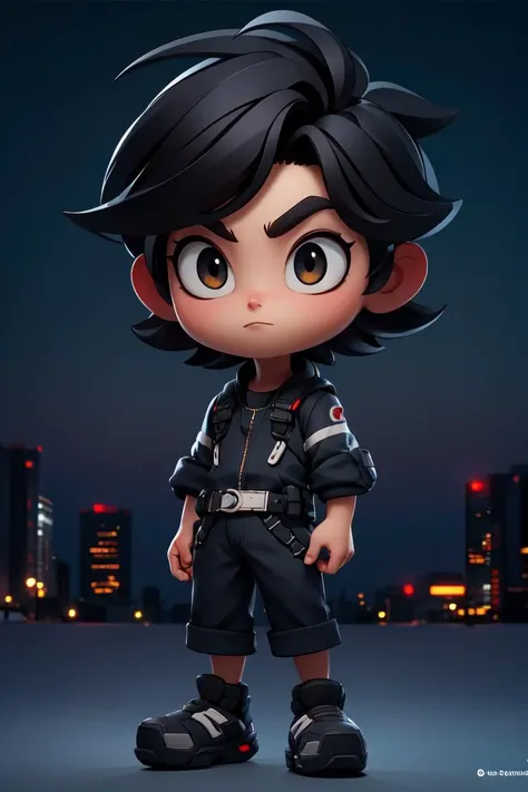 masterpiece, best quality, 8k, cinematic light, ultra high res, chibi, full body, <lora:chibi-v1:1>,1man,masterpiece,best quality, ultra high res, dusk,cityscape,depth of field, short black messy hair, solo male