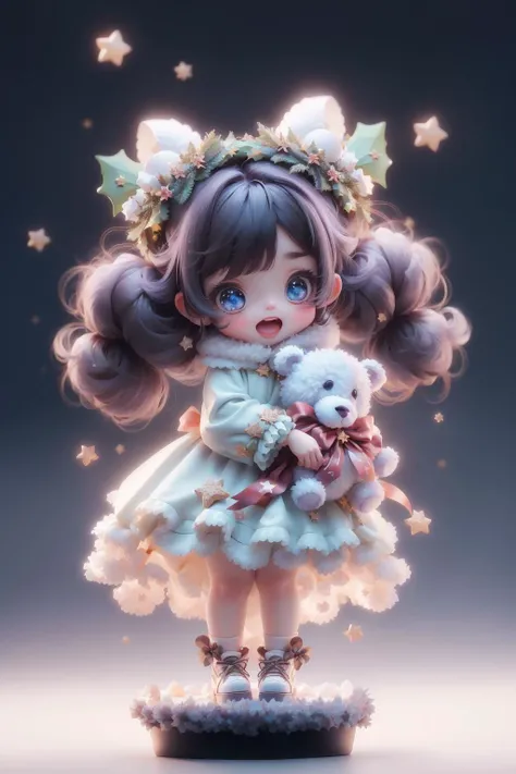 <lora:Designer_BlindBox:0.5>,1girl, long hair, stuffed toy, stuffed animal, very long hair, solo, open mouth, purple hair, dress, flower, star (symbol), blush, bangs, wreath, blue eyes, teddy bear, holding, christmas tree, chibi, long sleeves, standing, hair ornament, teeth, christmas, looking at viewer, hair flower, full body, frills, christmas ornaments, bow, blue dress, upper teeth only, head wreath, white dress, sparkle, blunt bangs, object hug, striped, twintails, white footwear, blue bow, butterfly, socks <lora:chibi-v1:0.5>