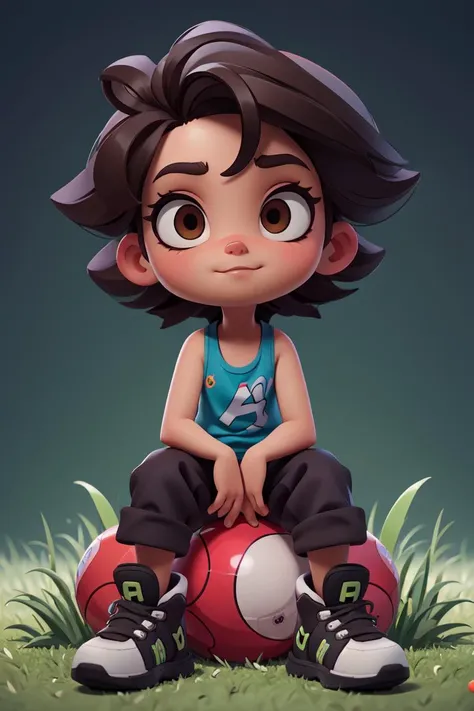 masterpiece, best quality, 8k, cinematic light, ultra high res, chibi, full body, <lora:chibi-v1:1>,realistic portrait of cute African American baby ((dark brown skin color)), big eyes, sitting playing with a ball, ((chibi)), ((ball)), ((grass)), wearing tank top, black pants and black shoes, current fashion, kanekalon style hair, dark lighting background, close-up, product view, detailed facial details, perfect face, sharpness, trend art, sharp facial details, cgsociety, ultra high quality digital art, hyper details exquisite, 4k, 8k neon lighting