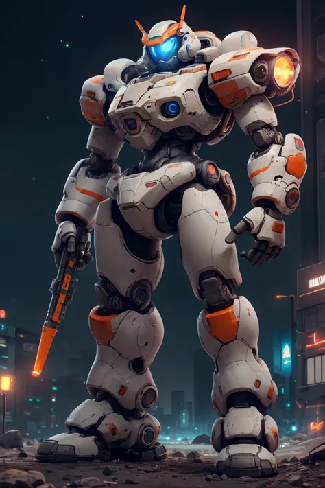 masterpiece, best quality, 8k, cinematic light, ultra high res, chibi, full body, <lora:chibi-v1:1>, On the moon,barren planets, ruins, holding_weapon, no_humans, glowing, robot, building, glowing_eyes,orange mecha, science_fiction, city, realistic,mecha,Milky Way Galaxy background,full body,neon,cyberpunk,