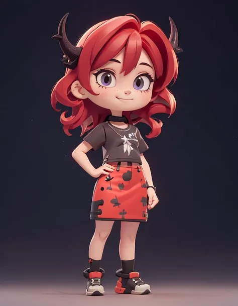 (masterpiece:1.2, best quality), (highly detailed:1.3),
1girl, chibi, solo, freedom,
red hair, horns, slight smile, pencil skirt, black t-shirt,
full body, standing, simple background,
<lora:surtr3:1> <lora:chibi-v1:1>