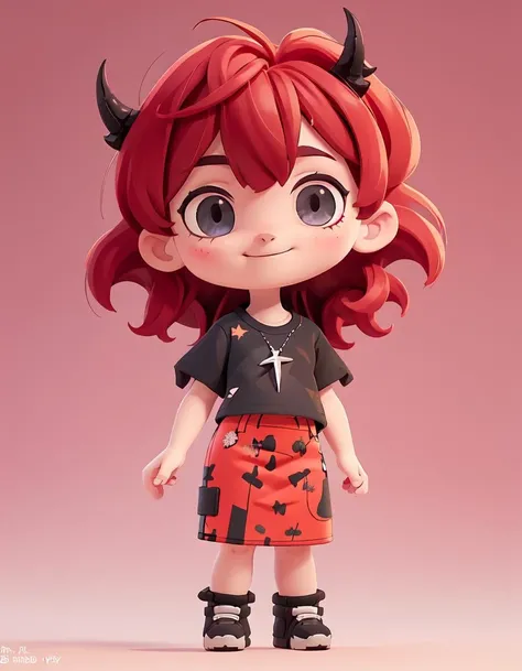 (masterpiece:1.2, best quality), (highly detailed:1.3),
1girl, chibi, solo, freedom,
red hair, horns, slight smile, pencil skirt, black t-shirt,
full body, standing, simple background,
<lora:surtr3:1> <lora:chibi-v1:1>