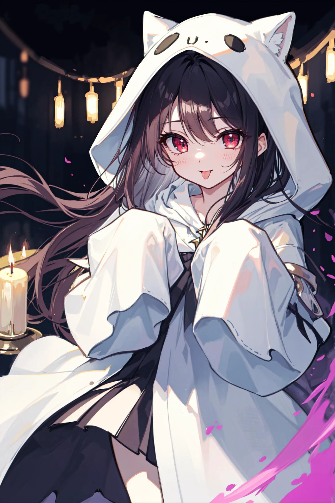 1girl, solo, (masterpiece, best quality, excellent quality), (beautiful detailed shiny red eyes), (highlight in eyes), (absurdres:1.2), age, long hair, black hair,(naughty smile), :p, tongue out, (fantasy), dynamic angle, dynamic pose, will-o'-the-wisp, fantasy background, shrine, night, dark, (god light), candle, sleeves past wrists, ghost costume, hood, white hood, straight on, looking at viewer, cowboy shot, (kawaii), face focus,
<lora:Silicon-landscape-isolation:1>, <lora:GhostCostumeV1:0.9>