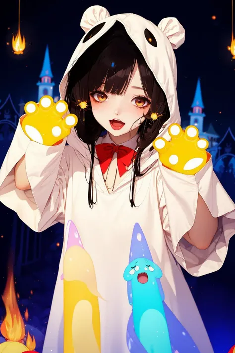 masterpiece,best quality,haunted theme park,haunted by chibi ghosts,cute,whimsical,glow,glowing,fun,silly,mystical,light particles,flame,<lora:GhostCostumeV1:0.8>,ghost costume,hood,open mouth,fang out,claw pose,blush,<lora:MengX girl_Mix_V40:0.8>,<lora:jtc_v1.0:0.7>,jtc,blue and yellow theme,