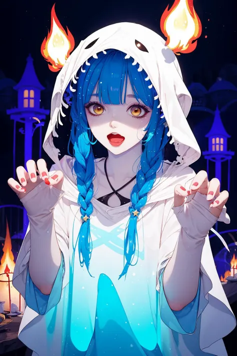 masterpiece,best quality,haunted theme park,haunted by chibi ghosts,cute,whimsical,glow,glowing,fun,silly,mystical,light particles,flame,<lora:GhostCostumeV1:0.8>,ghost costume,hood,open mouth,fang out,claw pose,blush,<lora:MengX girl_Mix_V40:0.8>,<lora:jtc_v1.0:0.7>,jtc,blue and yellow theme,