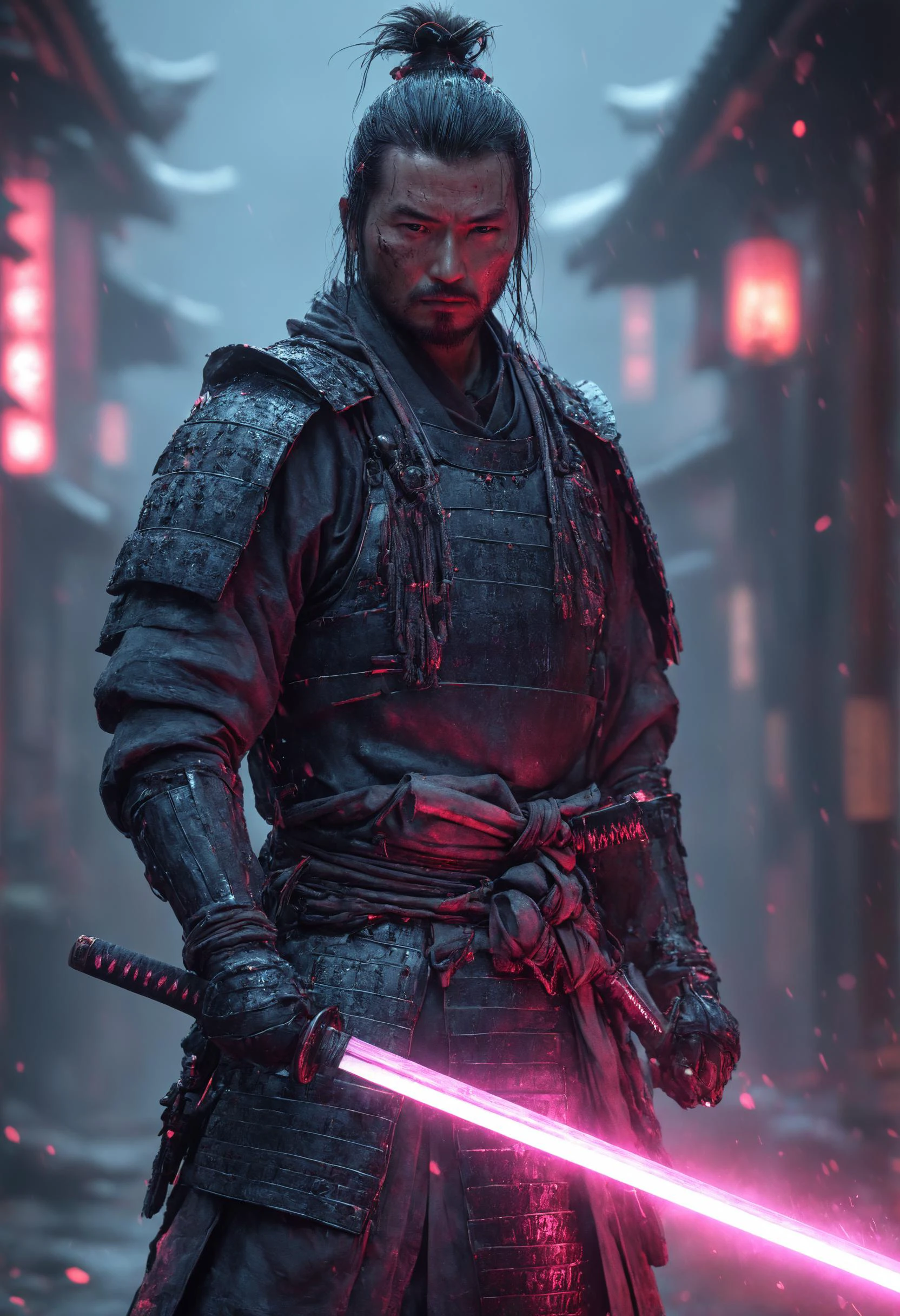 Samurai, hyperrealism, very detailed skin, 4k, inkpunk style, great lighting, cyberpunk style,, katana illustration, concept art, full body shot, cinematic, promotional art, dramatic lighting <lora:IPXL_v8:0.7> <lora:great_lighting:0.4> <lora:sdxl_cyberpunk:0.7> <lora:female samurai style v2:0.8> <lora:XL_Weapon_Katana_-_By_HailoKnight:0.8>