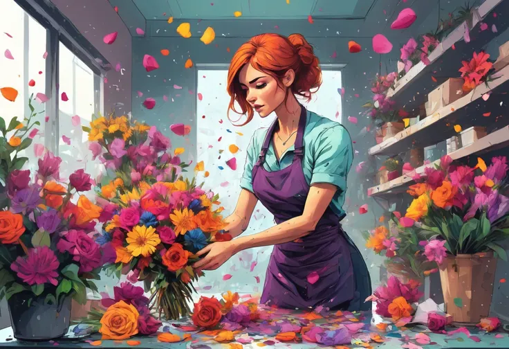 inkpunk style version of <lora:IPXL_v8:0.85>, A florist arranging a vibrant bouquet, petals scattered everywhere.